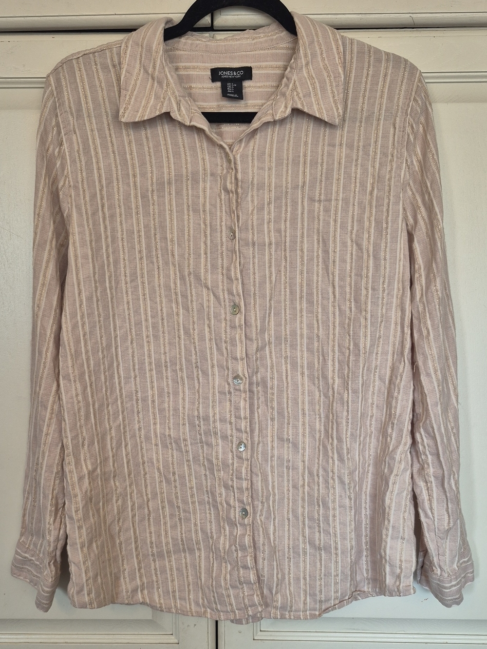 Jones & Co Light Pink Linen Blend Metallic-Striped Women’s Blouse